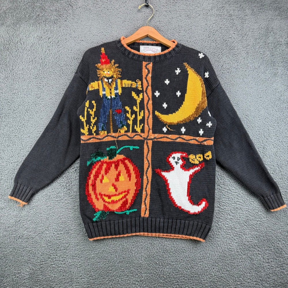 Vintage Nuggets Halloween Sweater Mens Medium Black Pumpkin Ghost Scarecrow 90s